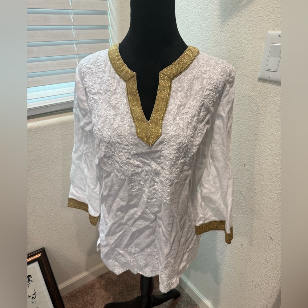 Charter Club White Linen Tunic with Gold Design